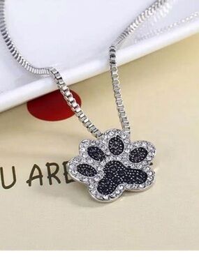 Paw Print Pendant Necklace - Silver with Black Crystals
